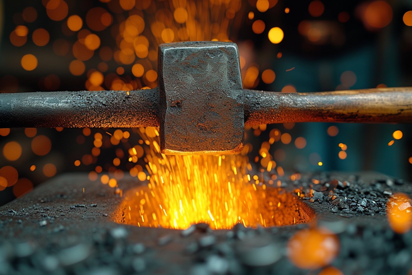 Forgeron travaillant le métal chauffé sur une enclume